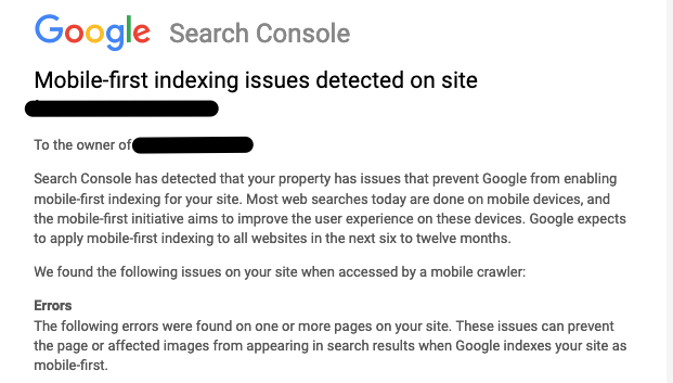 Mobile first indexing issues detected on site